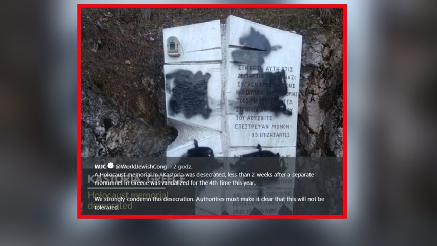 Wandale oblali farbą miejsce upamiętnienia zamordowanych w Grecji Żydów. „Do dewastowania pomników poświęconych Żydom dochodzi tu często”