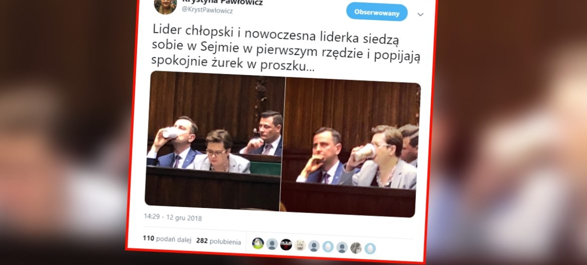 Krystyna Pawłowicz ogłasza sojusz urzędniczo-chłopski. “Nowoczesna liderka” i “lider chłopski” piją żurek na sali plenarnej
