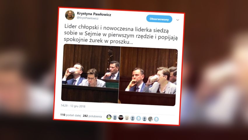Krystyna Pawłowicz ogłasza sojusz urzędniczo-chłopski. “Nowoczesna liderka” i “lider chłopski” piją żurek na sali plenarnej