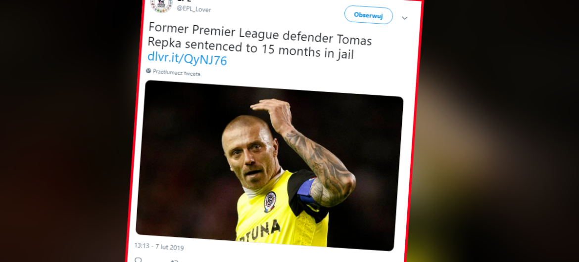 Były piłkarz reprezentacji Czech Repka skazany na 15 miesięcy więzienia