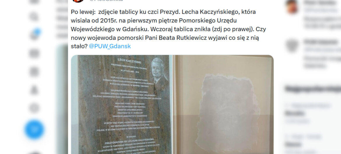 Już nie tylko krzyże im przeszkadzają. Z Urzędu Wojewódzkiego w Gdańsku zniknęła tablica upamiętniająca prezydenta Kaczyńskiego