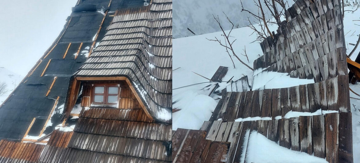 Huraganowy wiatr zerwał fragment dachu schroniska w Dolinie Pięciu Stawów
