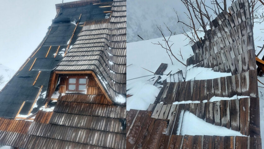 Huraganowy wiatr zerwał fragment dachu schroniska w Dolinie Pięciu Stawów