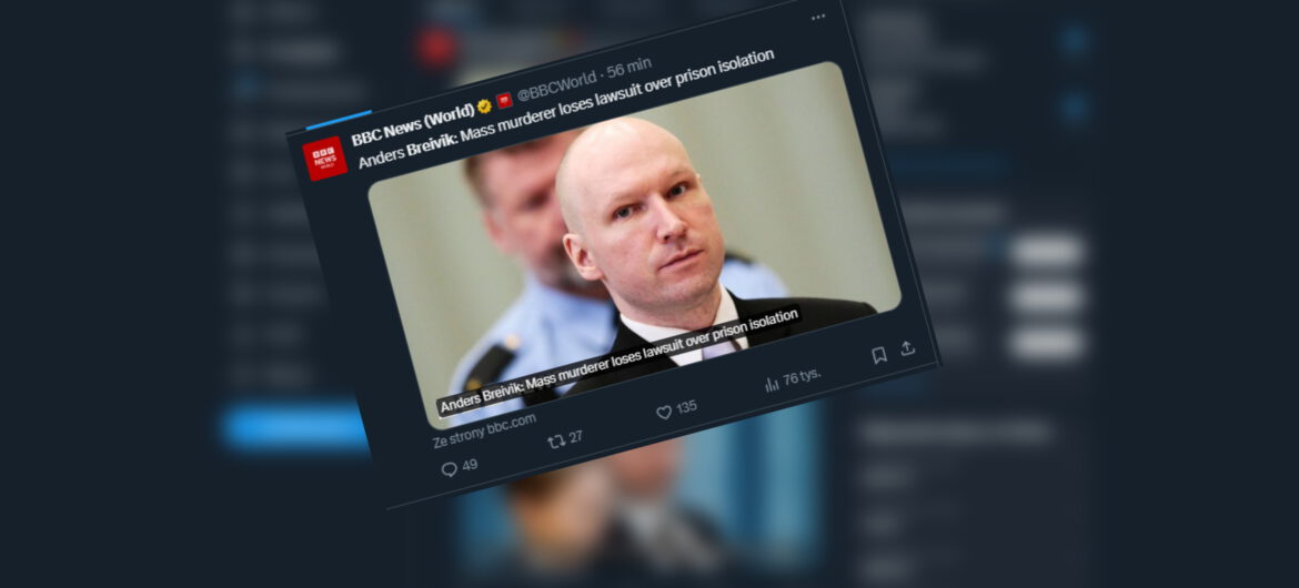 Breivik przegrał proces. Wytoczył go o… łamanie praw człowieka